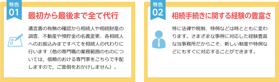 特色①　最初から最後まで全て代行 特色②　相続手続きに関する経験の豊富さ